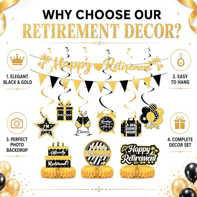 17 Pcs Black Gold Retirement Party Decorations - Image 8
