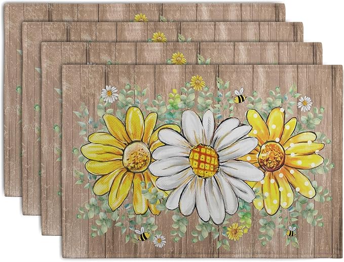 Spring Summer Floral Set of 4 Sunflower Daisy Eucalyptus Leaf Wooden Board by Wnoesat
