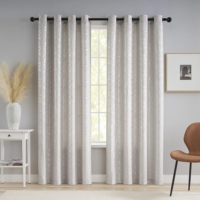 Taisier Home Silver Foil Print Linen Textured Curtains Geometric Dots Pattern - Image 2