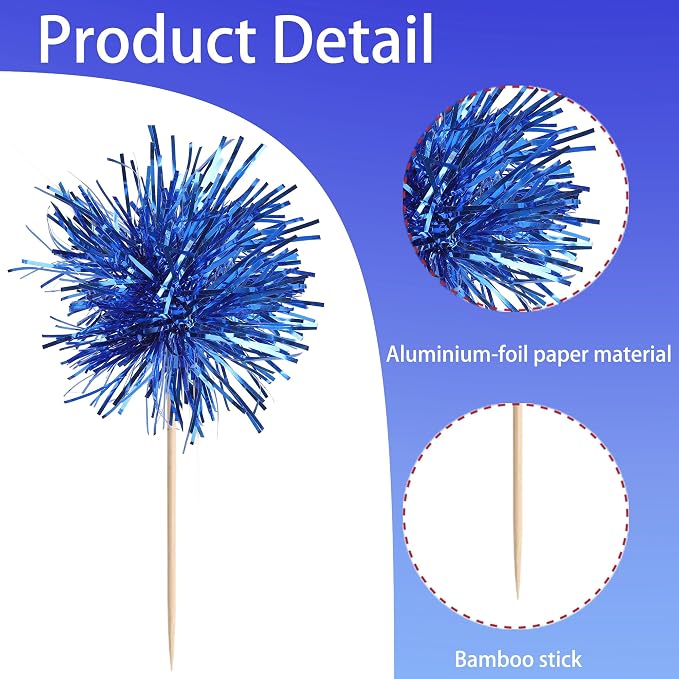 40 PCS Foil Firework Cupcake Toppers Sparkle Tinsel Cupcakae Picks Sparkler - Image 3