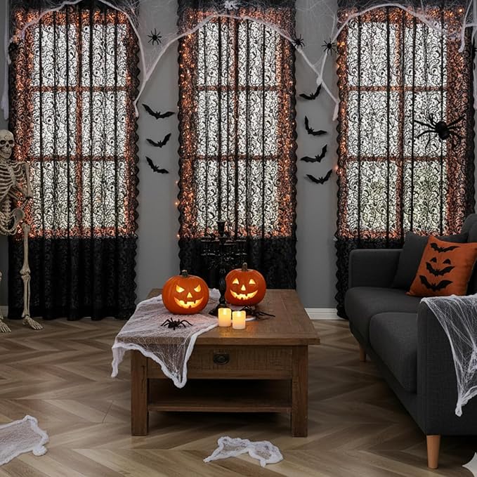 Bujasso Black Sheer Lace Curtains 84 inch Vintage Floral Sheer Window Curtain - Image 2
