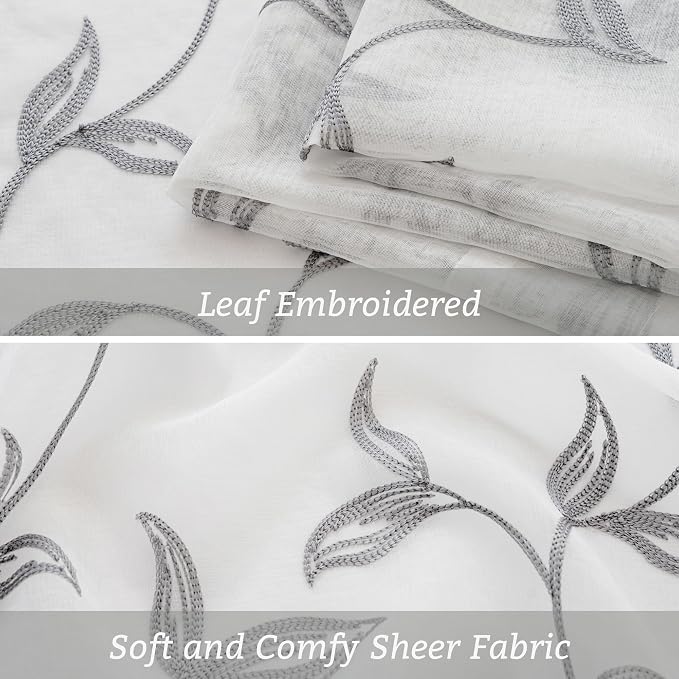 Sheer Curtains Boho Leaf Floral Embroidered Grey 54Wx90L | Light Filtering Semi - Image 6