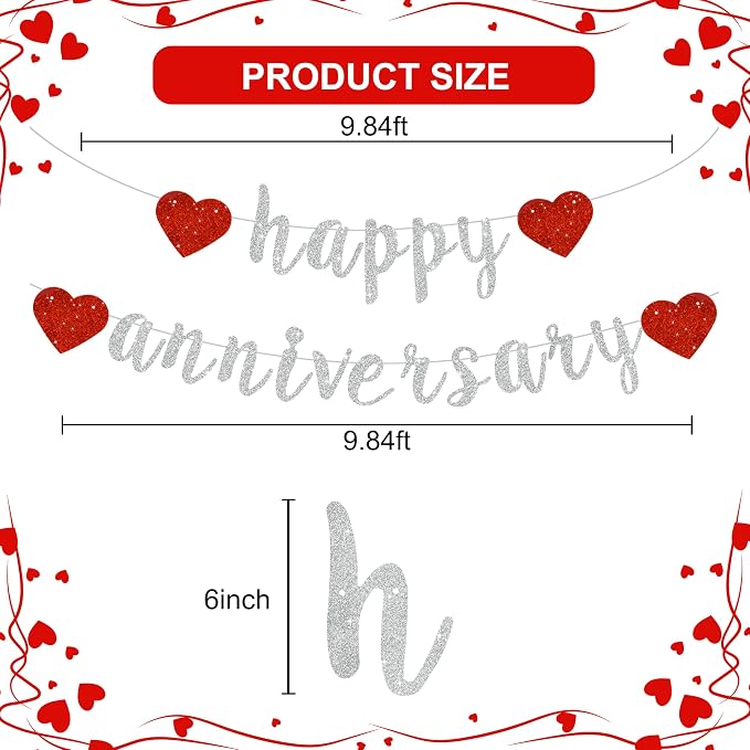 BEISHIDA Glitter Pre-Strung Silver Happy Anniversary Banner Decoration | NO DIY - Image 3