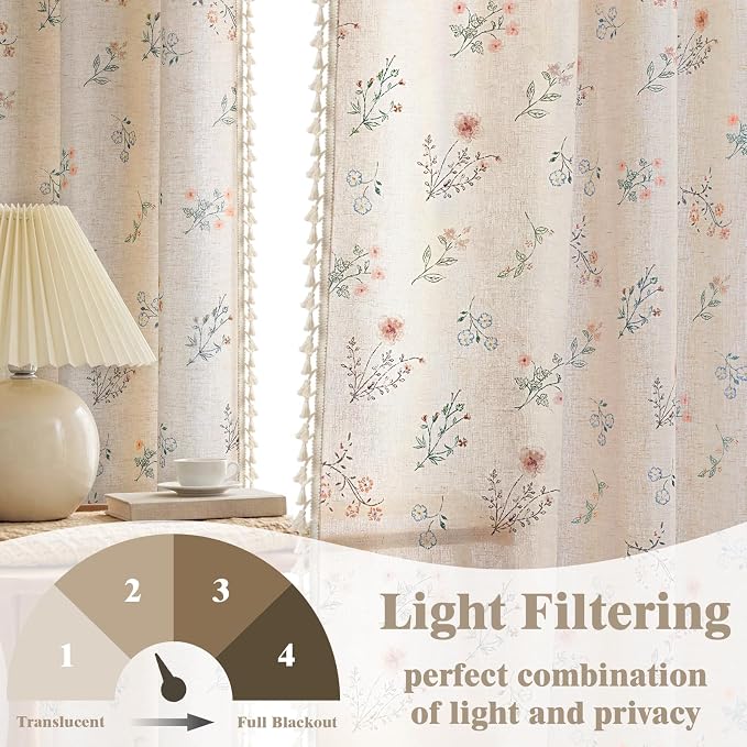 Boho Floral Light Filtering Curtains 96 Inch 2 Panels Linen Texture | Farmhouse - Image 3