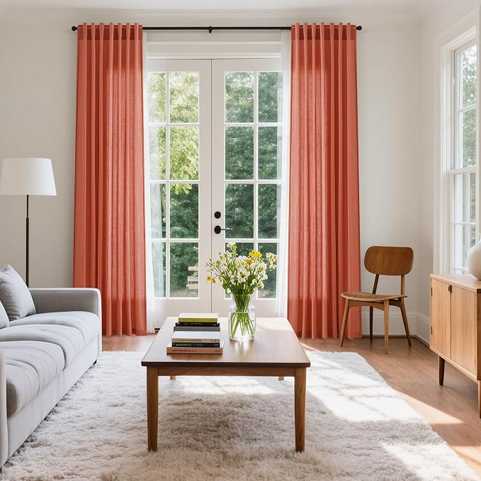 Coral Linen Curtains 84 Inch Length 2 Panels Set Back Tab Rod Pocket Light - Image 7
