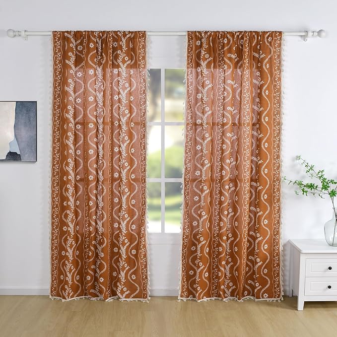 Schweek Burnt Orange 90 Inch Long Tassel Curtains 2 Panels - Image 2