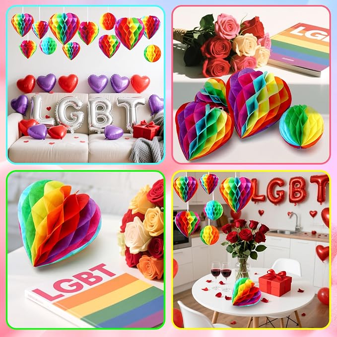 BOARDFEB 12 Pcs Rainbow Heart Round Paper Honeycomb Balls Pride Decorations | - Image 7