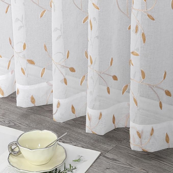 White Sheer Curtains Orange Leaf Embroidery Linen 96 Inches Long | Light - Image 6