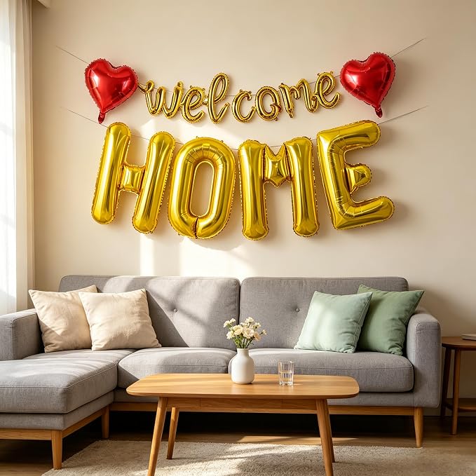 TONIFUL 2 Size Gold WELCOME HOME Foil Balloons Banner Letter Decorations | - Image 5