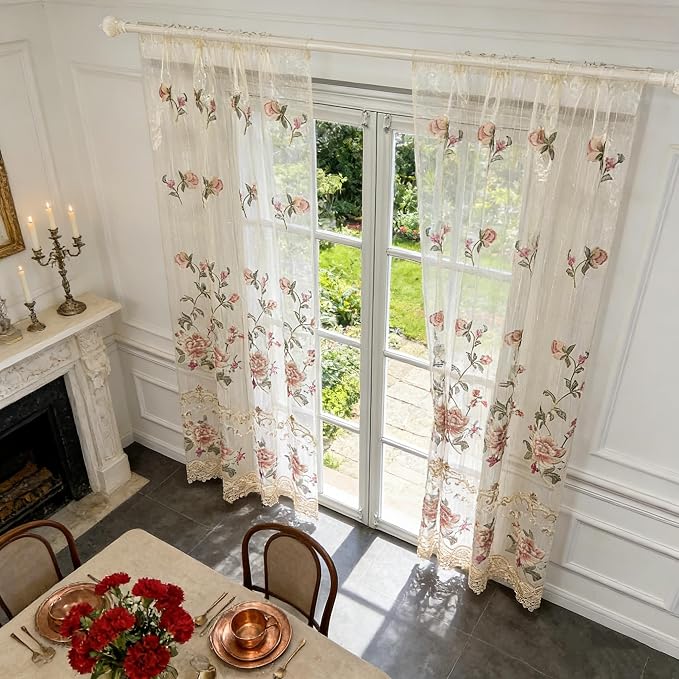 1 Panel European Embroidered Floral Sheer Curtain Rod Pocket Top | Royal - Image 2
