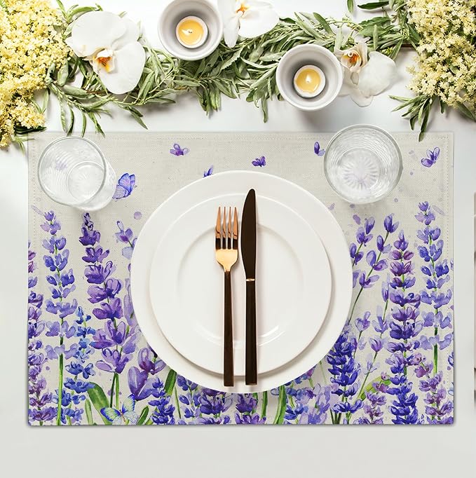 Lavender Placemats Set of 4 Purple Flower Butterfly Linen Fabric Table Mats - Image 3