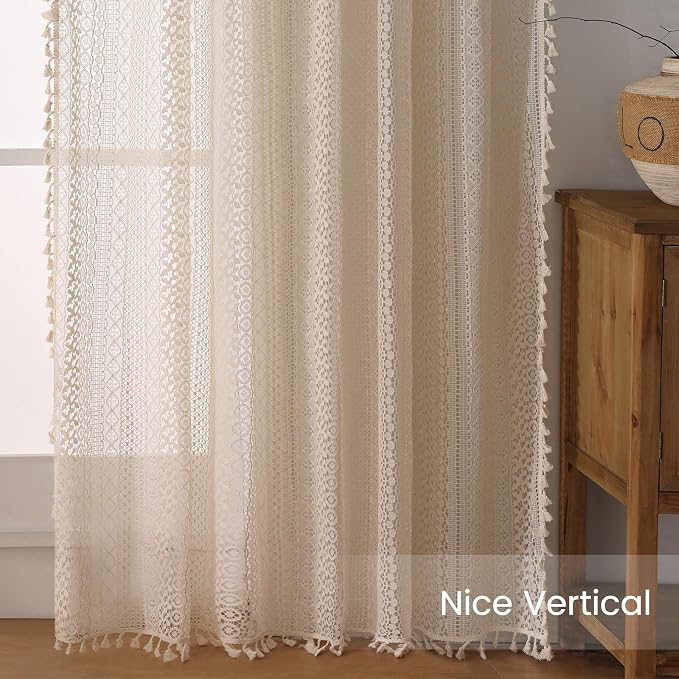 WAZZIO Boho Lace Curtains 102 Inch 2 Panel, Light Filtering Privacy Tassel & - Image 6