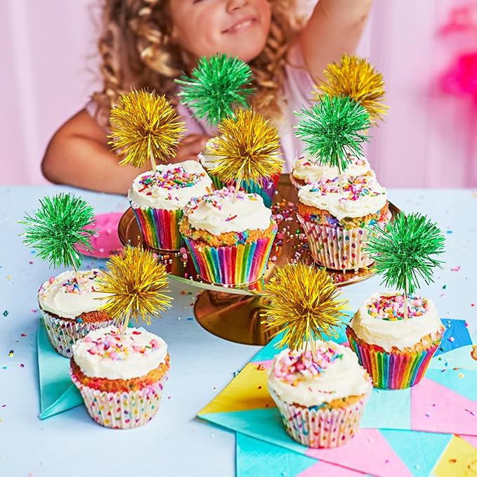 Gyufise 30Pcs Foil Firework Cupcake Toppers Sparkle Tinsel Cake Toppers Tinsel - Image 6