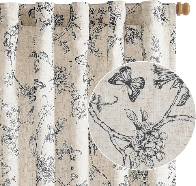 Black Floral Linen Lined Curtains Rod Pocket 50W X 90L 2 Panels | Charlotte by Lazzzy
