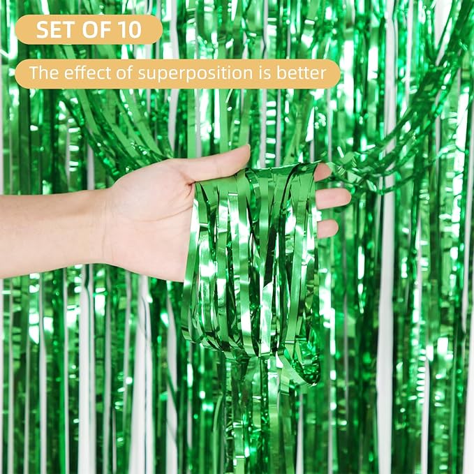 10 Pack Green Backdrop Curtain 3.2ft x 8.2ft Metallic Tinsel Foil Fringe - Image 2