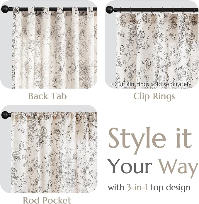 jinchan Black Floral Linen Curtains 96 Inch Farmhouse Back Tab 2 Panels | Light - Image 4
