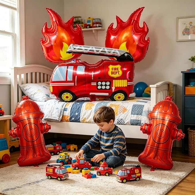 Fire Truck Balloons Birthday Decorations Set | Fire Truck, Flame and Fire - Image 3