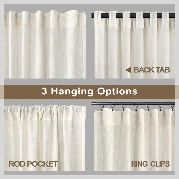 Natural Linen Bedroom Curtains 63 Inch Length 2 Panels Back Tab Rod Pocket - Image 5