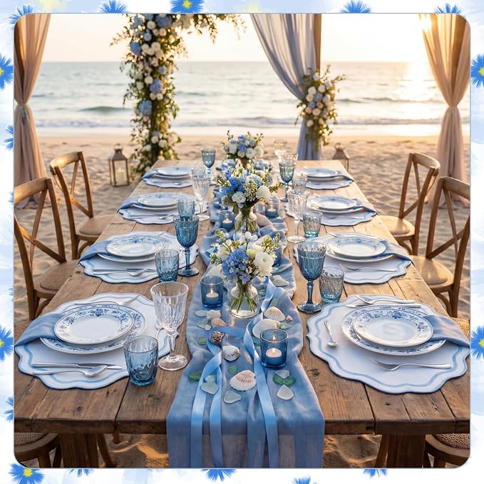 6Pcs Blue Cotton Wedding Placemats Scalloped Embroidered Placemats 17" x 13" - Image 3