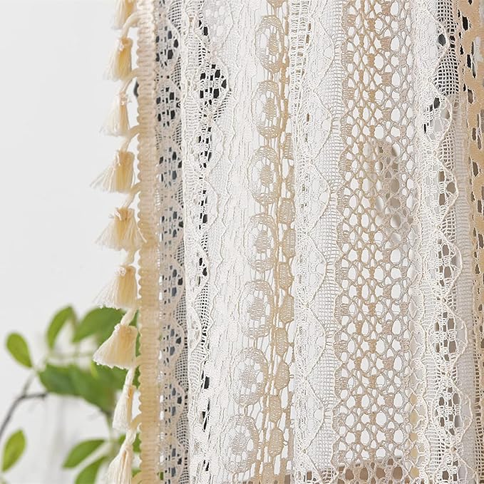 Sutuo Home Beige Boho Lace Short Curtain 36 inch Length - Image 2