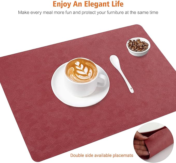 Vinyl Red Placemats Set of 4 Wipeable Waterproof Table Mats | Heat Resistant - Image 2