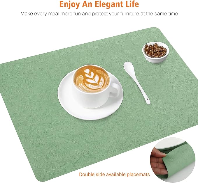 Vinyl Green Placemats Set of 6 Wipeable Waterproof Table Mats | Heat Resistant - Image 3