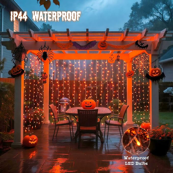 JMEXSUSS Orange Curtain Lights for Halloween, USB Plug in, 200 LED | Remote - Image 6