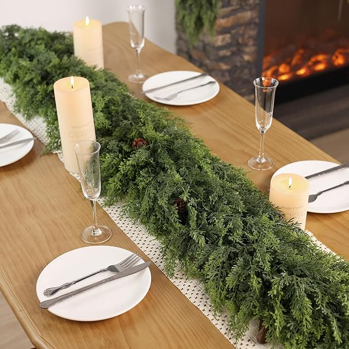 Christmas Cedar Garland - 9ft Artificial Cedar Garland Faux Lush Green Fake Pine Needles for Fireplace,Table,Window,Stairs,Mante,Holiday Indoor Outdoor Xmas Decor(1PCS)