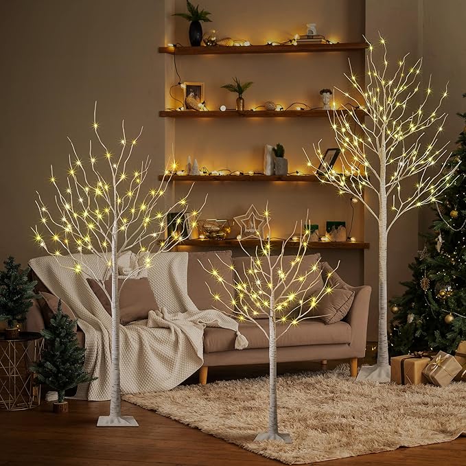 LIGHTSHARE LED Birch Tree Light Set - 4ft, 6ft, 8ft Trees with Warm White Lights - Indoor Outdoor Christmas Wedding Party Decorations (3-Pack)