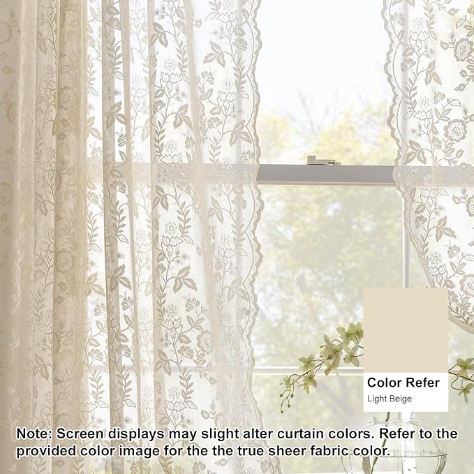 FINECITY Beige Lace Curtains Rustic Leaf Floral 42 x 84 Inch, 2 Panels | Rod - Image 6
