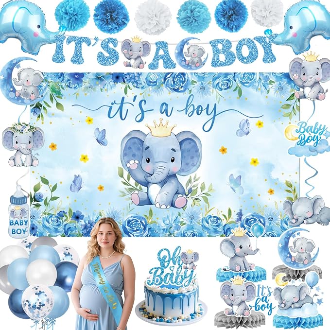 Elephant Baby Shower Decorations Banner, It's a Boy Backdrop, Foil & Latex by QIYANPAX
