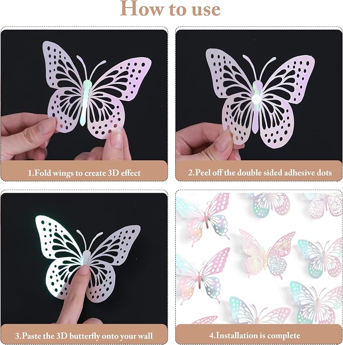 SAOROPEB 3D Butterfly Wall Decor 48 Pcs Laser Pink Butterfly Decorations | 4 - Image 7