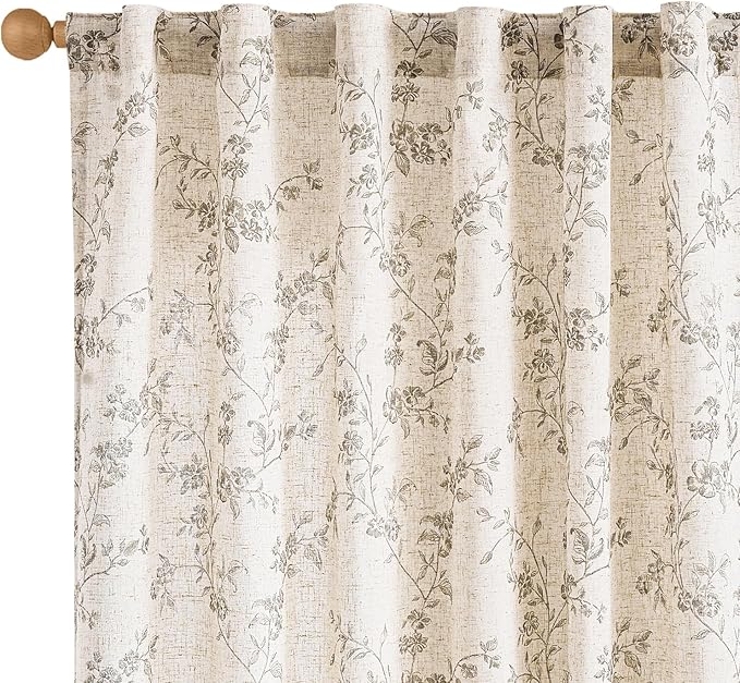 Extra Long Grey Vintage Floral Linen Curtains Farmhouse 2 Panels | Elisa Series by Lazzzy