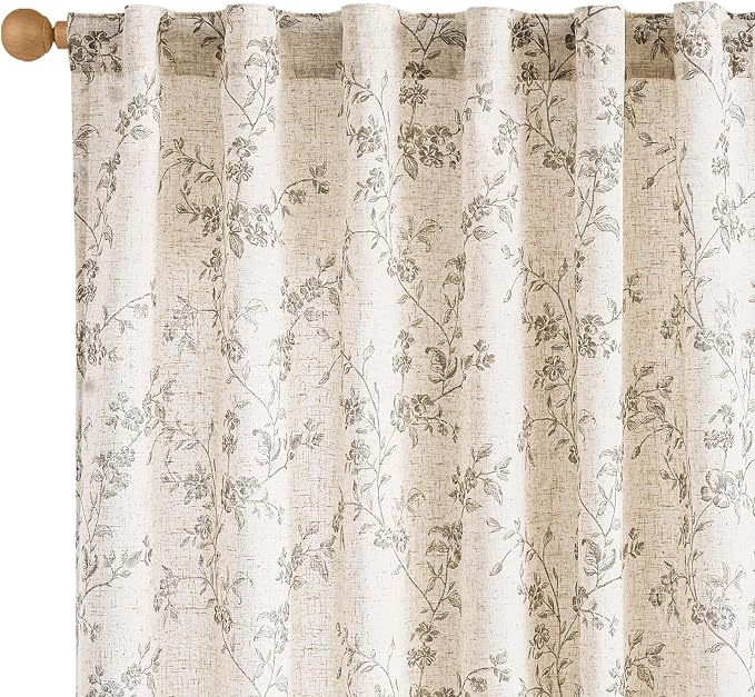 Grey Vintage Floral Linen Curtains Farmhouse 50W X 63L 2 Panels | Elisa Series by Lazzzy