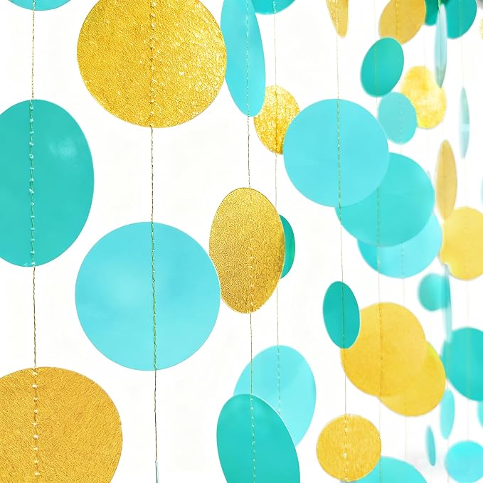 Teal Gold Party Polka Dot Garland Banner Aqua Turquoise Glitter Gold Hanging - Image 3