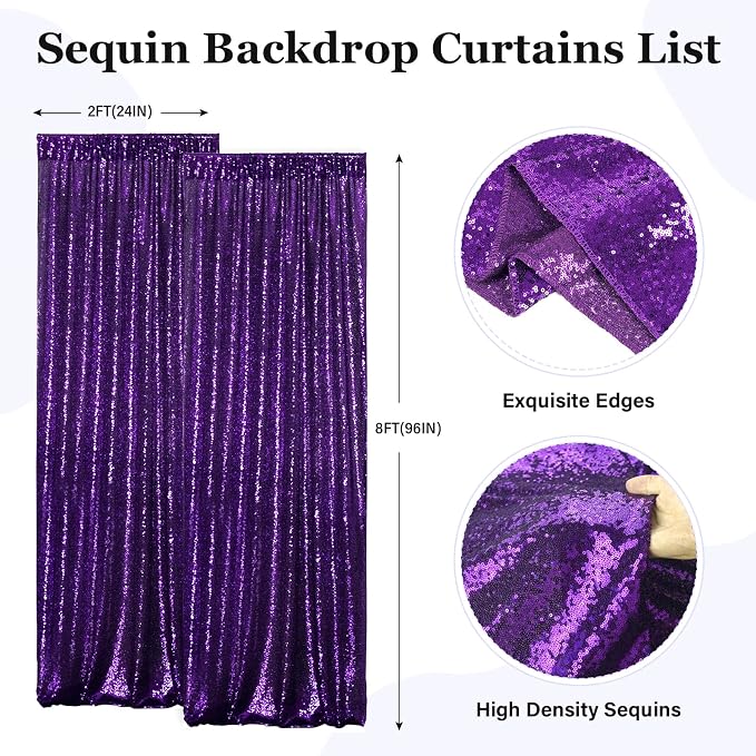 PartyDelight Purple Sequin Backdrop Curtains 2x8ft 2 Panels | Sparkly 3mm - Image 2