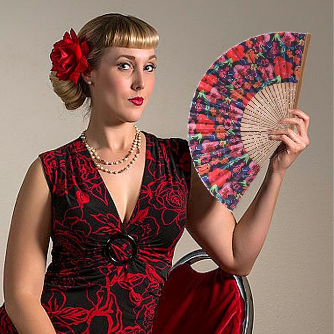 Folding Fan with Beautiful Fabric Printed BlackFlower creme - Image 5