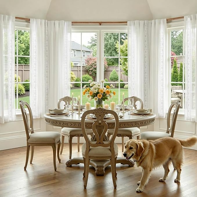 jinchan Floral Sheer Linen Curtains, Back Tab 50x63 Inch, 2 Panels White | Semi - Image 2