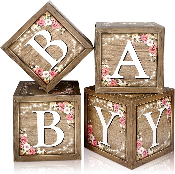 Epakh Baby Boxes with Letters for Baby Shower, Rustic Floral Brown Blocks Bear by Epakh