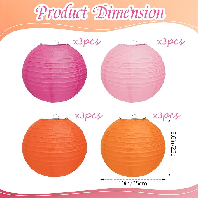 Qenk 12 Pcs Pink and Orange Paper Lanterns - Image 2