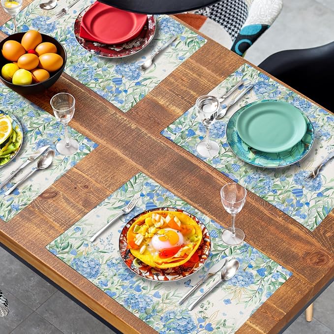Hydrangea Spring Summer Placemats Set of 4 Sage Green Eucalyptus Leaves Blue - Image 7