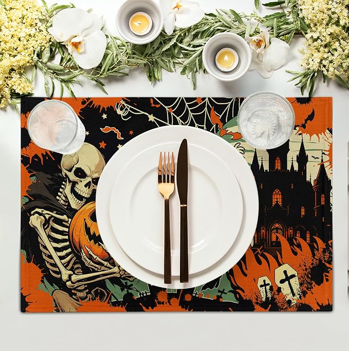 Halloween Skeleton Ghost Placemats Set of 4 12x18 Inch Spooky Pumpkin Bat Table - Image 3