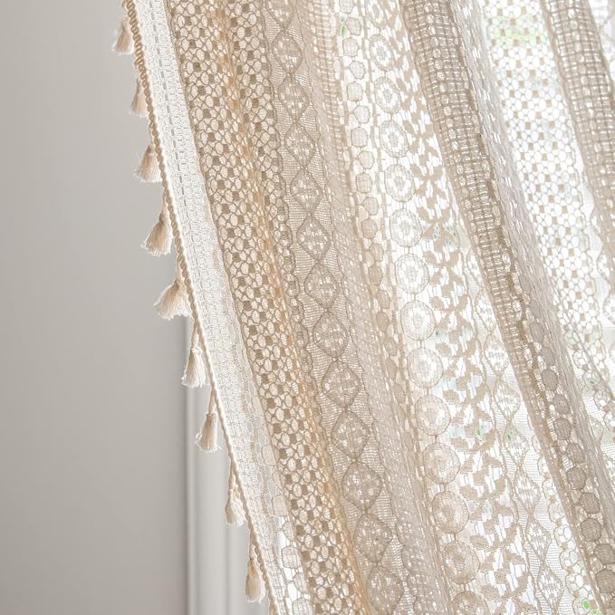 Sutuo Home Boho Curtains Crochet Lace Semi-Sheer Bohemian Hollow Knitted - Image 2