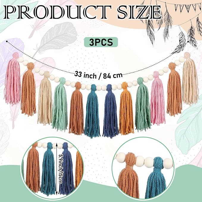 Zeyune 3 Pcs Boho Tassel Garland Boho Rainbow Wall Decor Colorful Pastel Tassel - Image 3