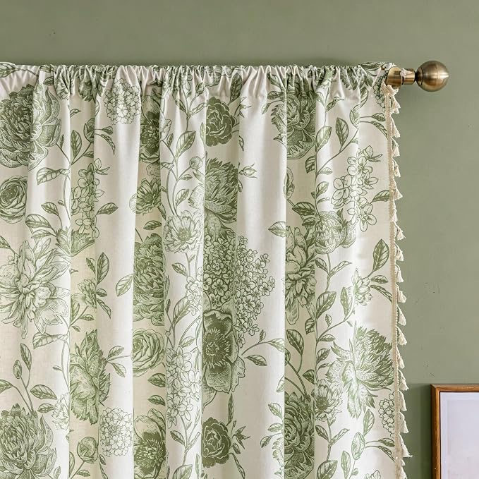 F-CHU Vintage Sage Green Floral Linen Curtains - Image 4