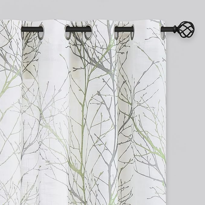 FMFUNCTEX Linen Sage Green White Semi Sheer Print Curtains 72 Inch 2 Panels | by Fmfunctex