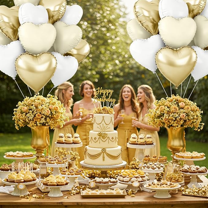 TONIFUL 30 Pcs 18 Inch Champagne Gold Cream White Heart Shape Foil Balloons | - Image 4