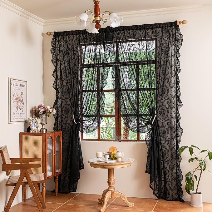 Deeprove Black Lace Curtains 63 Inch Length Set of 2 Panels Pair - Image 3