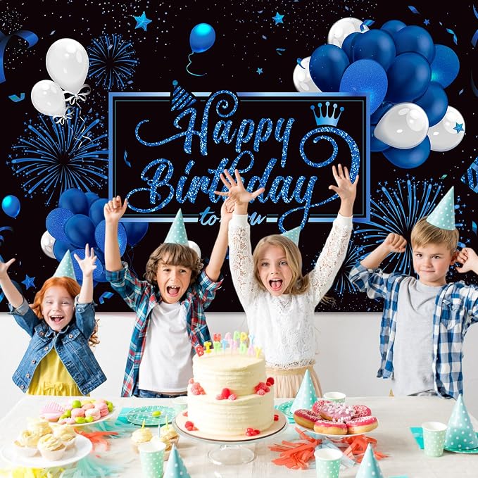 Blulu Happy Birthday Backdrop Banner Sign Poster Large Fabric Glitter Balloon - Image 4