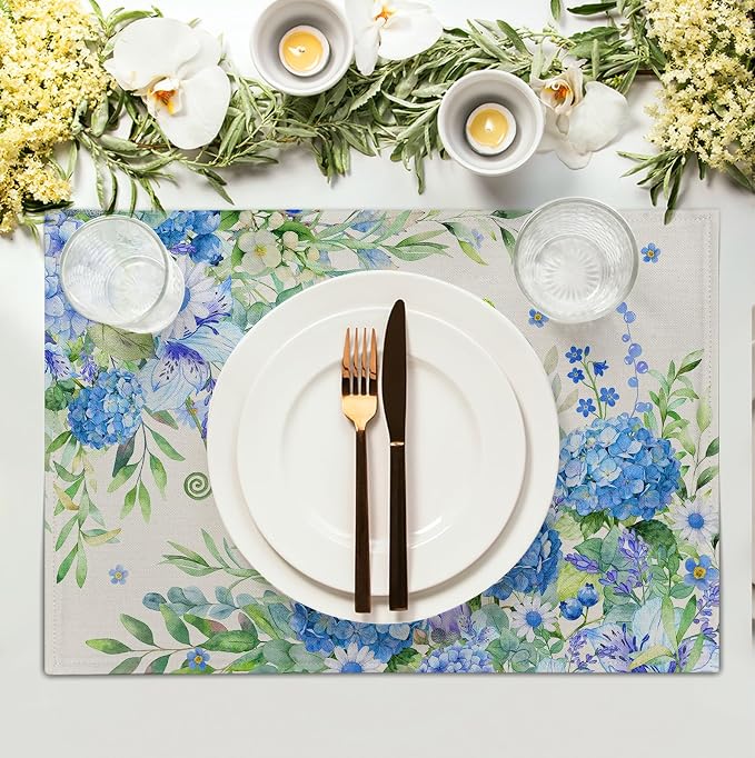 Blue Hydrangea Placemats Set of 4 Spring Summer Floral Green Leaf Bird Table - Image 3